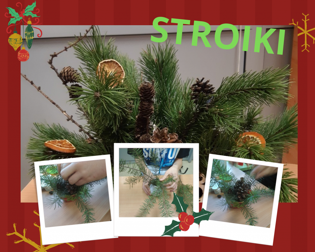 uczniowie wykonują stroiki świąteczne