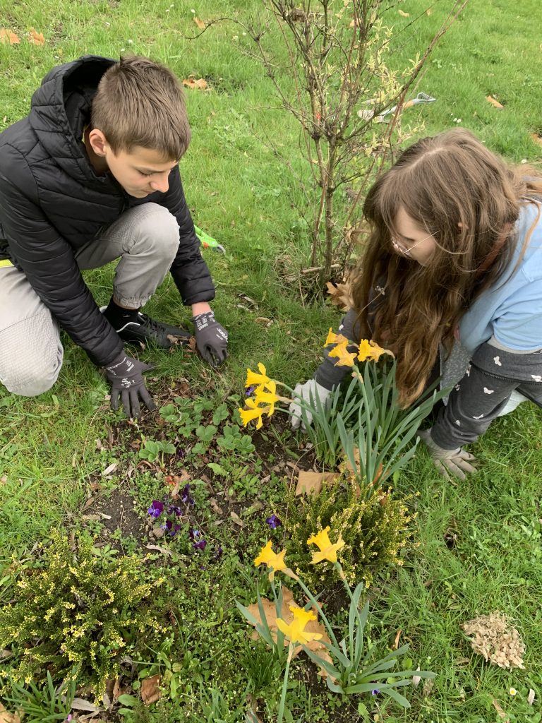 uczniowie pielęgnują szkolne rabaty