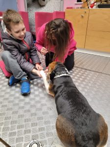 Chłopczyk głaszcze łapkę pieska