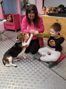 Chłopczyk przybija piątkę z pieskiem