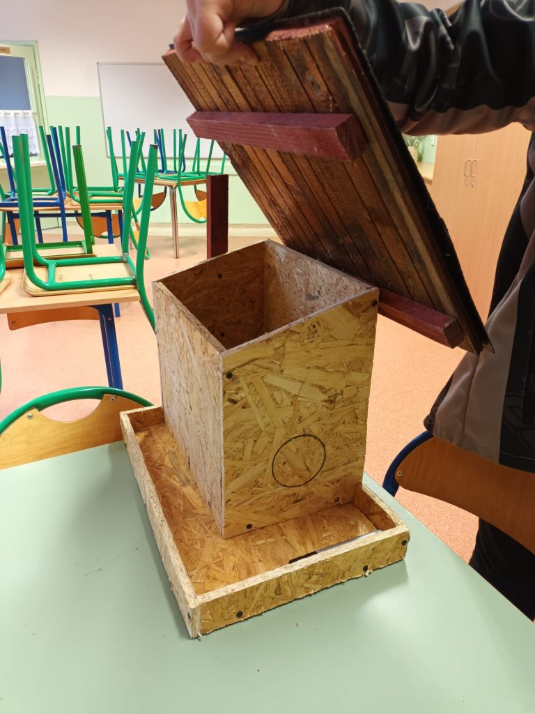 uczeń buduje domek dla wiewiórek