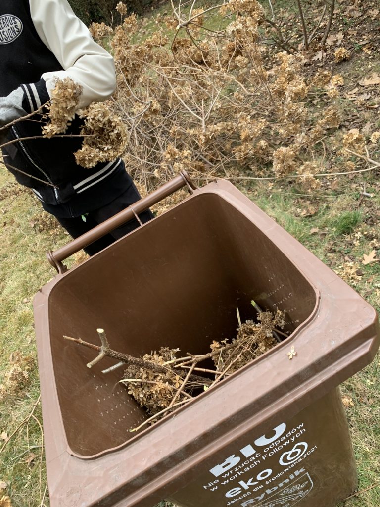 uczniowie pomagają w pracach porządkowych w ogrodzie