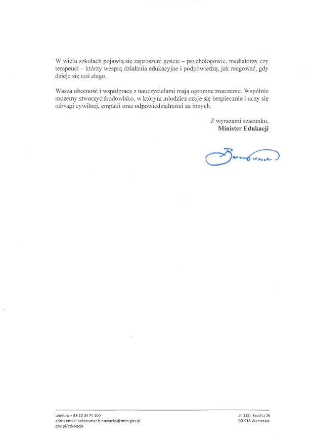 list pani minister o przeciwdziałaniu przemocy rówieśniczej
