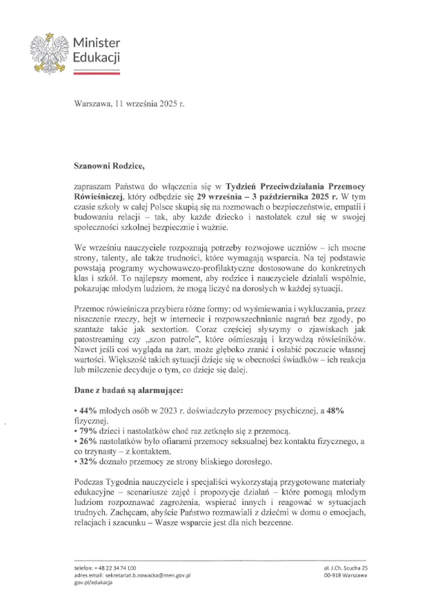 list pani minister o przeciwdziałaniu przemocy rówieśniczej